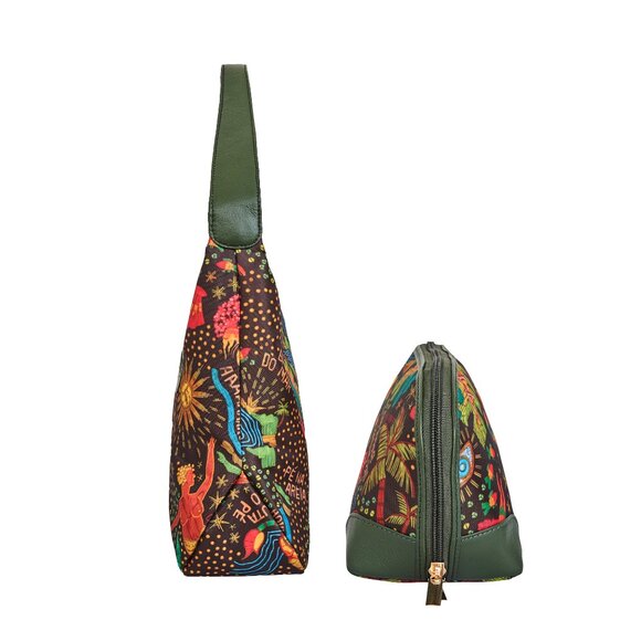 Green Costal Print Sling Hobo & Cosmetic Bag Set for Women– Fabric Shoulder Bag - Picture 4 of 5